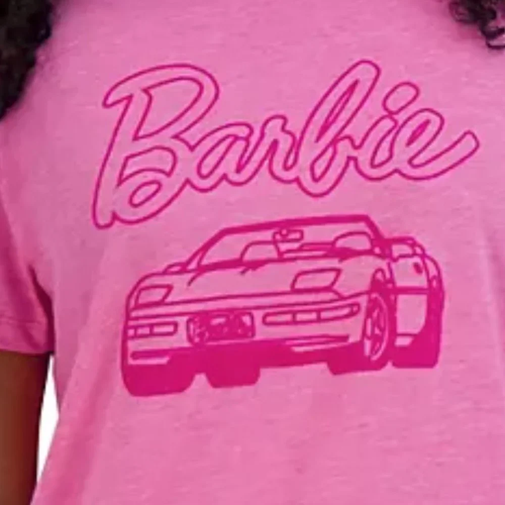 NWT BARBIE VELVET GRAPHIC BRIGHT PINK  SHORT SLEEVE T-SHIRT BARBIE CAR SMALL - Picture 2 of 5